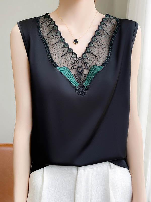 Loose Sleeveless Embroidered Mesh Split-Joint V-Neck Vest Top Product Image