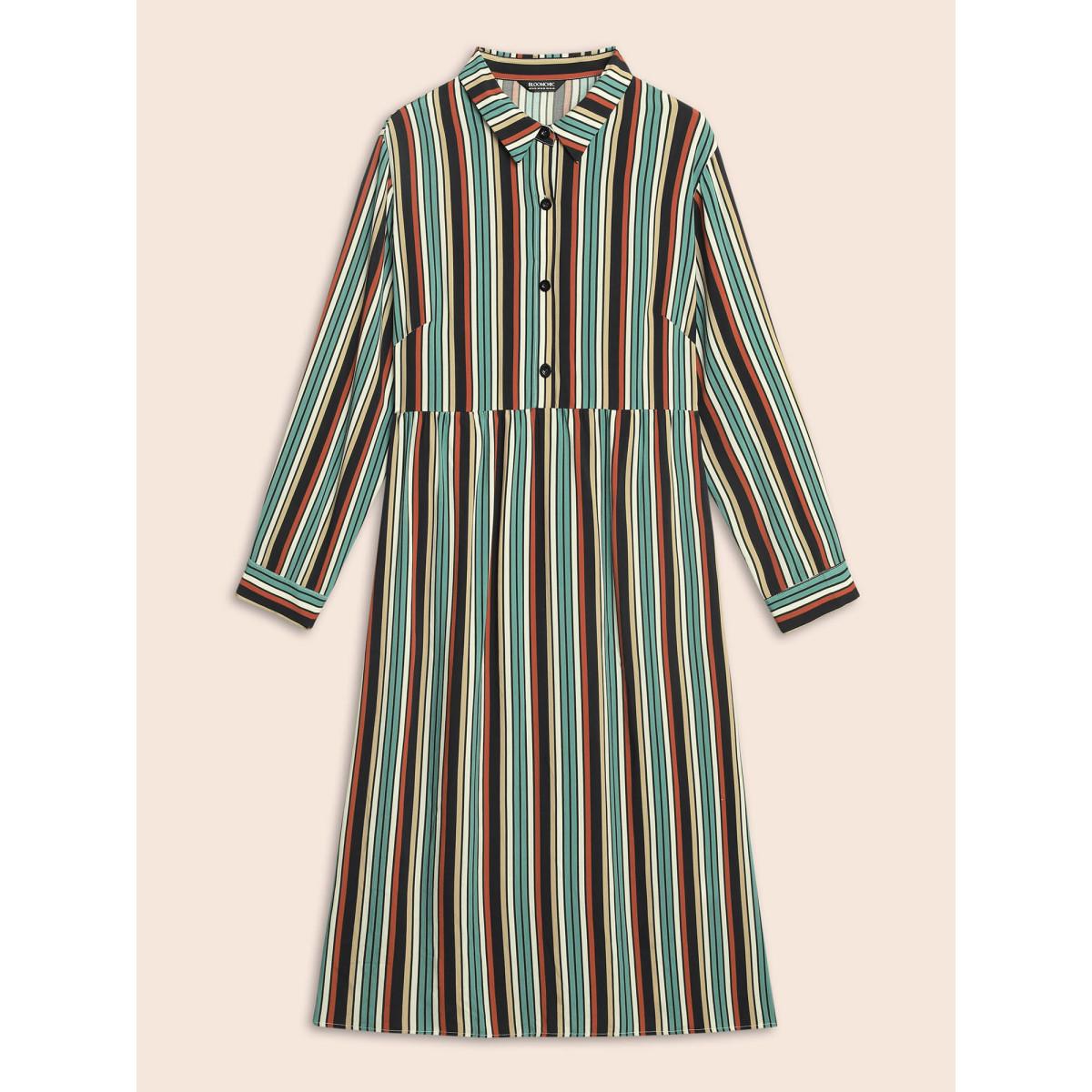 Plus Size Shirt Collar Contrast Striped Midi Dress Multicolor Women Leisure Button Shirt collar Long Sleeve Curvy BloomChic 10/M Product Image