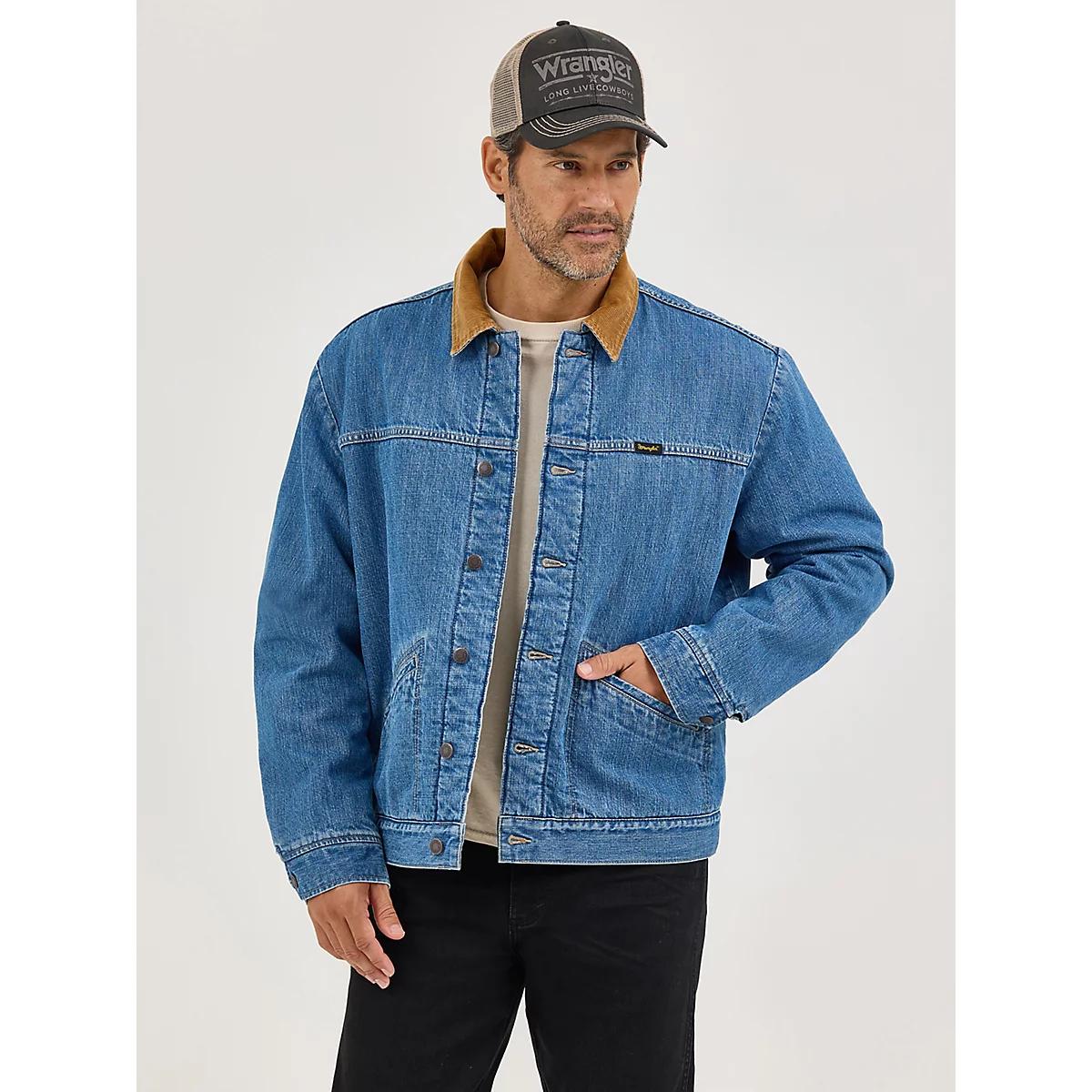Men's Wrangler® Straight Yoke Sherpa Lined Denim Jacket in Antique Indigo Product Image