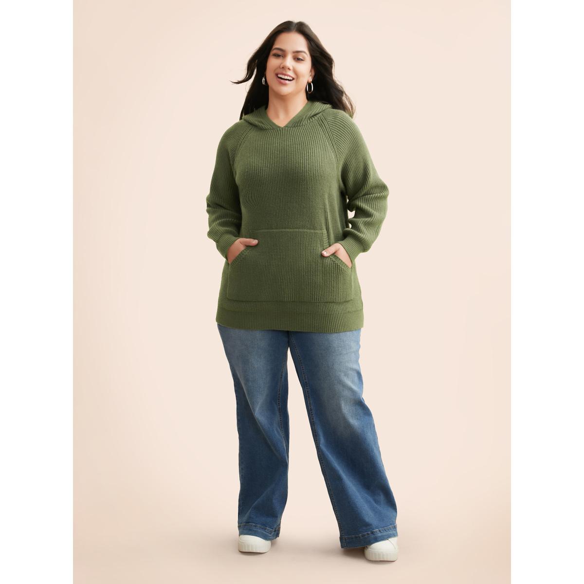Plus Size Supersoft Essentials Plain Textured Hooded Pullover ArmyGreen Women Casual Loose Long Sleeve Hooded Everyday Pullovers BloomChic 12/L Product Image