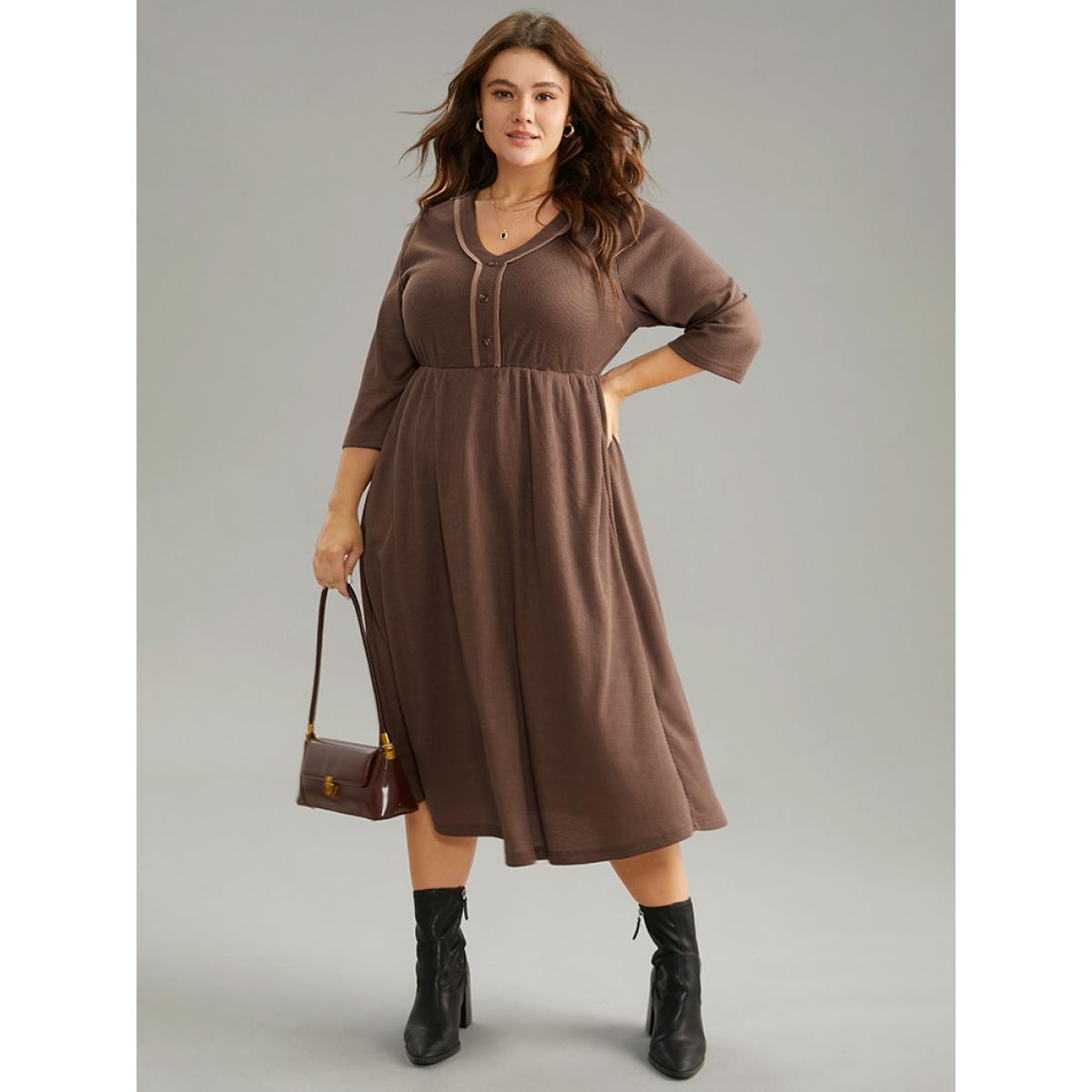 Plus Size Waffle Knit Contrast V Neck Button Detail Dress DarkBrown Women Work From Home Plain V-neck Elbow-length sleeve Curvy Midi Dress BloomChic 22-24/3X Product Image