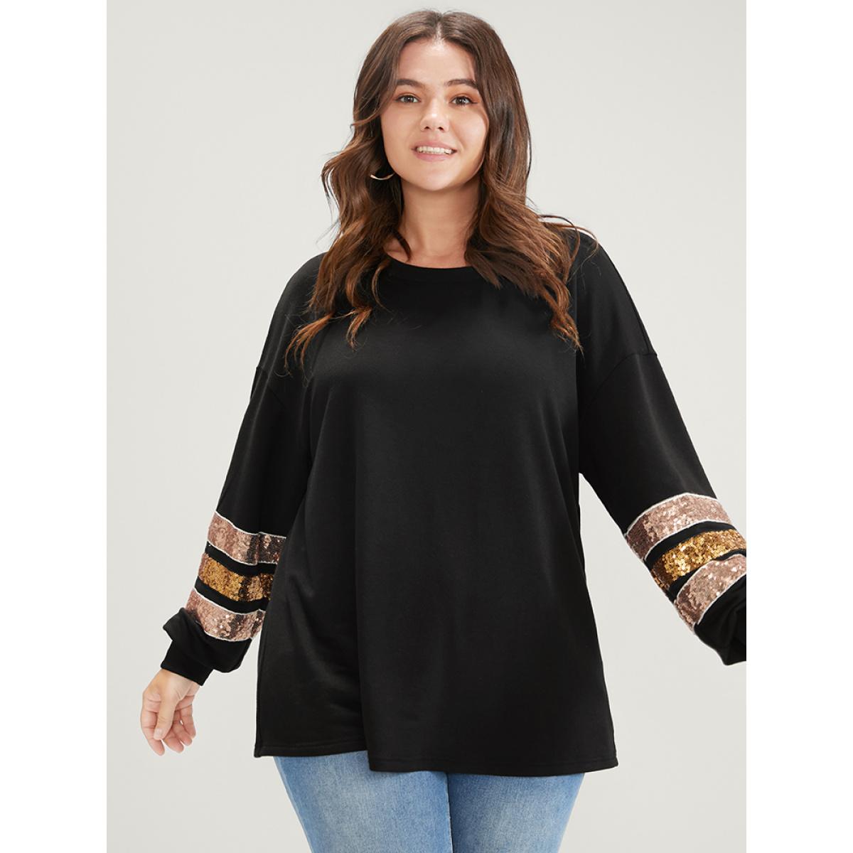 Plus Size Solid Contrast Patchwork Drop Shoulder Sweatshirt Women Black Casual Patchwork Round Neck Dailywear Sweatshirts BloomChic 10/M Product Image