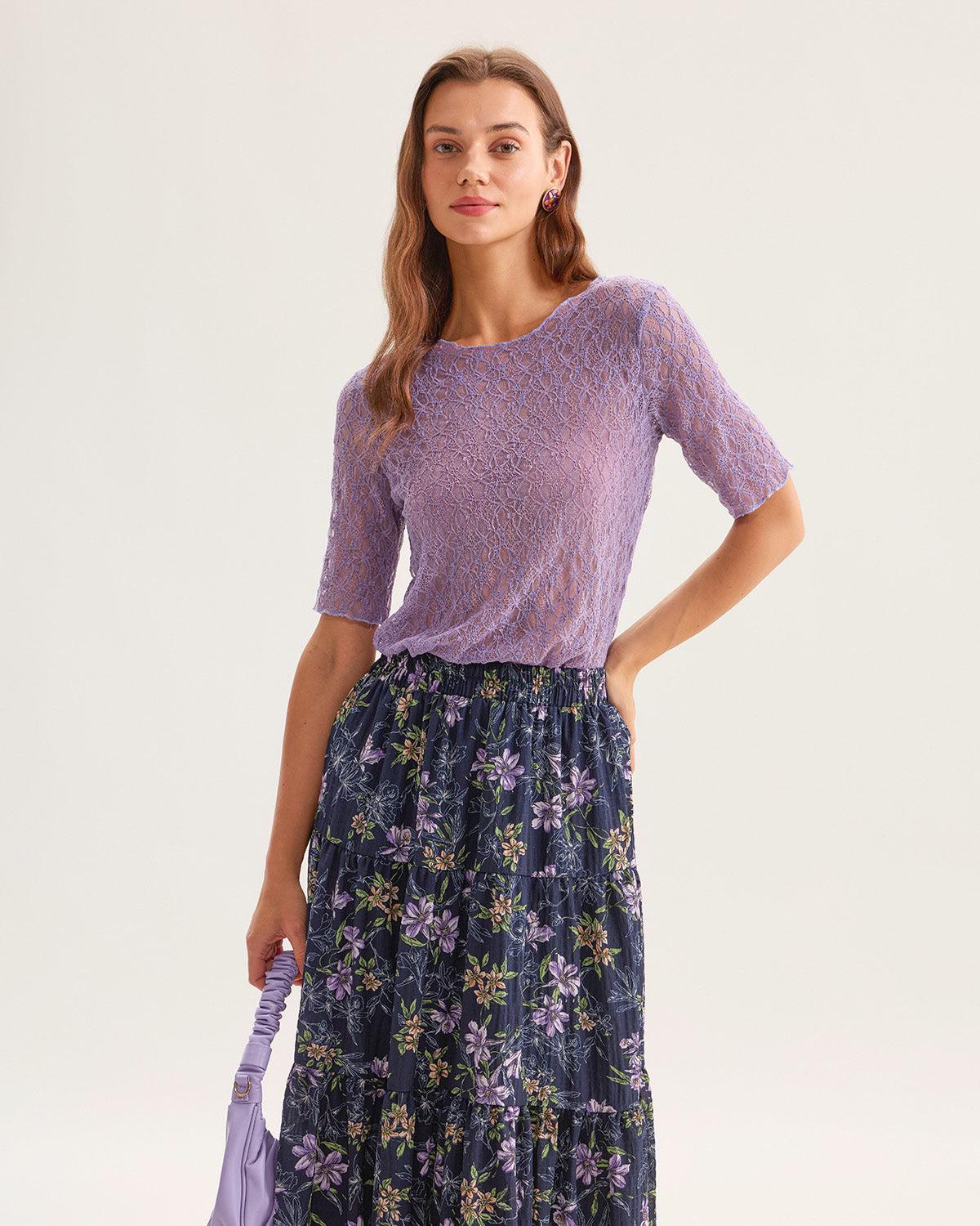 Purple Round Neck Textured Half Sleeve Tee Product Image