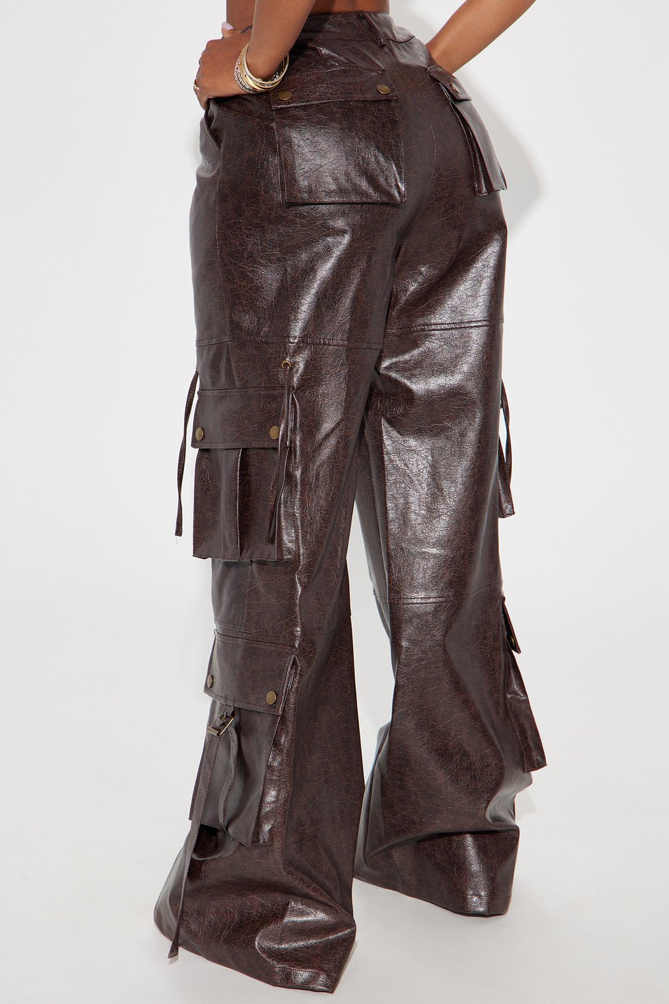 Drop A Hint Faux Leather Cargo Pant - Chocolate Product Image