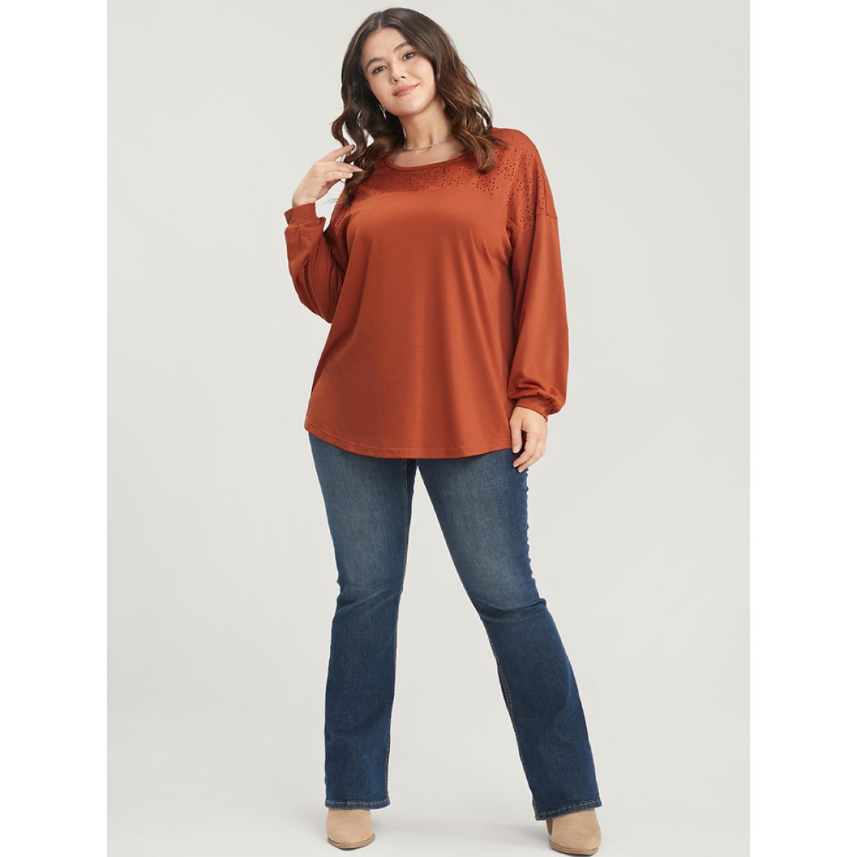 Plus Size Solid Round Neck Eyelet Insert Long Tee Rust Women Casual Patchwork Plain Round Neck Dailywear T-shirts BloomChic 10/M Product Image