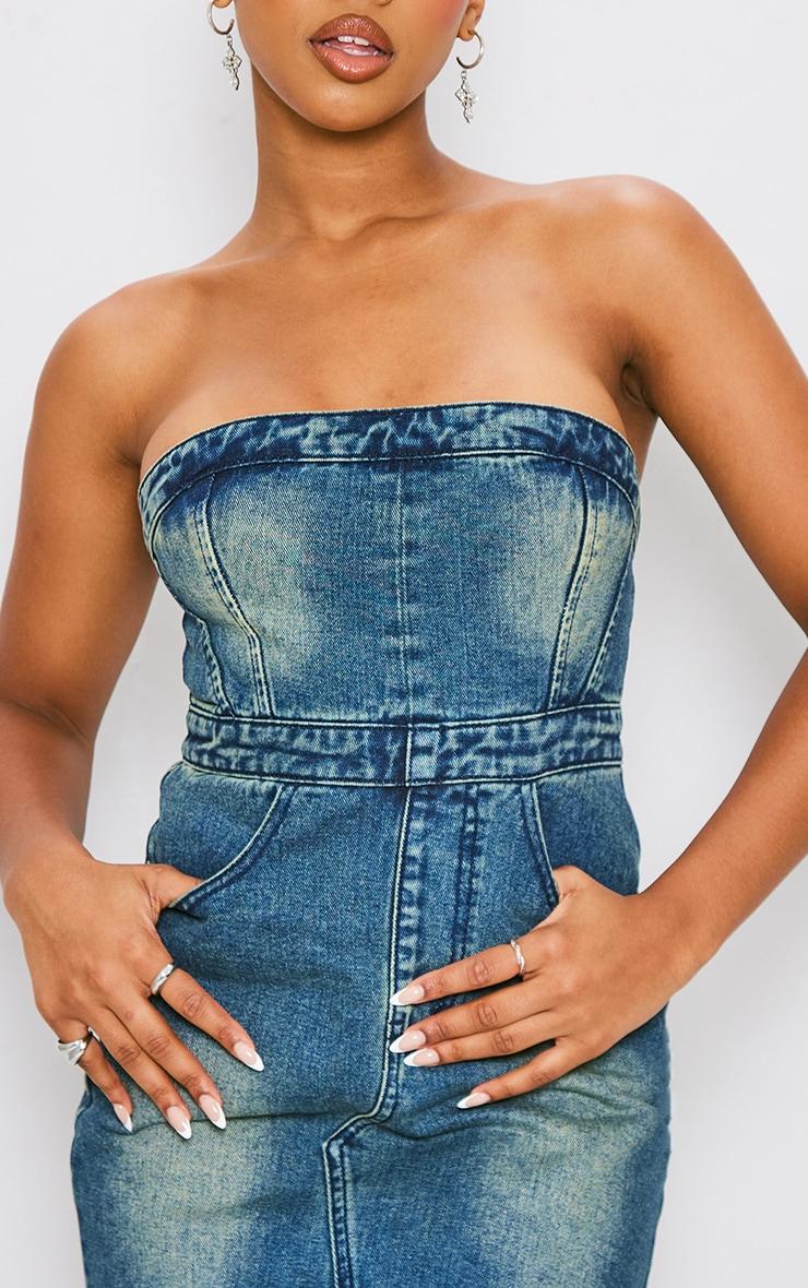 Indigo Blue Wash Zip Detail Bandeau Mini Dress Product Image