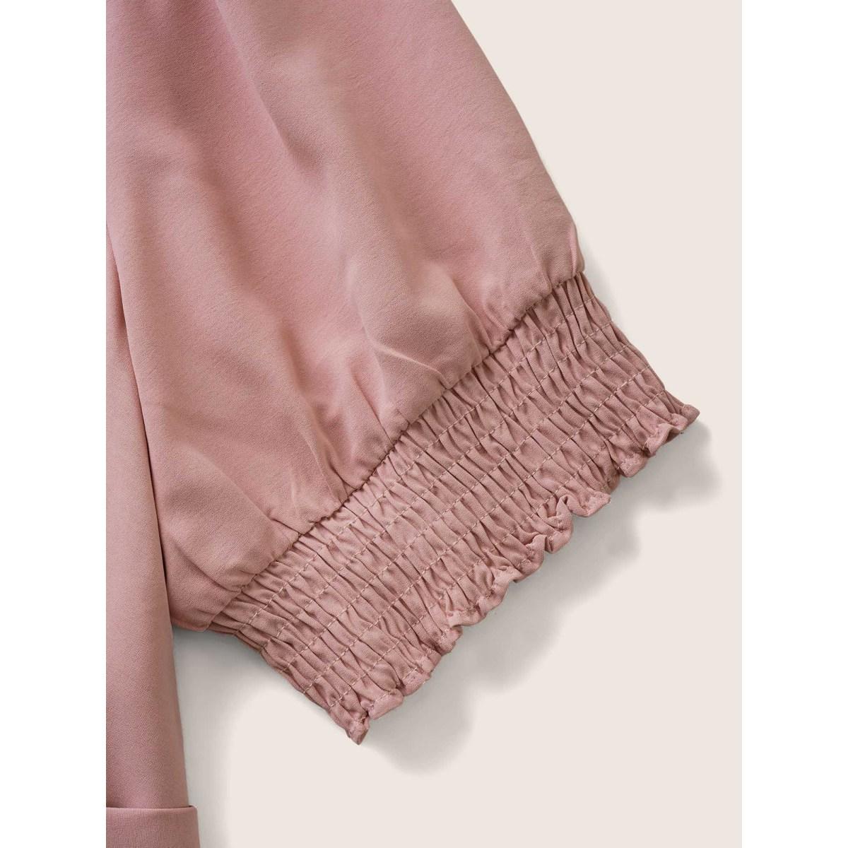 Plus Size Solid Overlap Collar Puff Sleeve Belted Dress Pink Women Elegant Shirred Overlap Collar Short sleeve Curvy BloomChic 18-20/2X Product Image