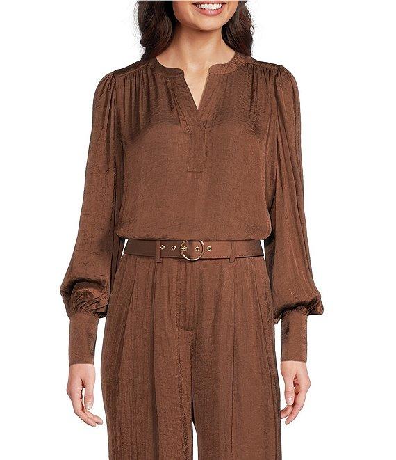 Gibson & Latimer Moonshadow Satin Split Round Neck Long Balloon Sleeve Blouse Product Image