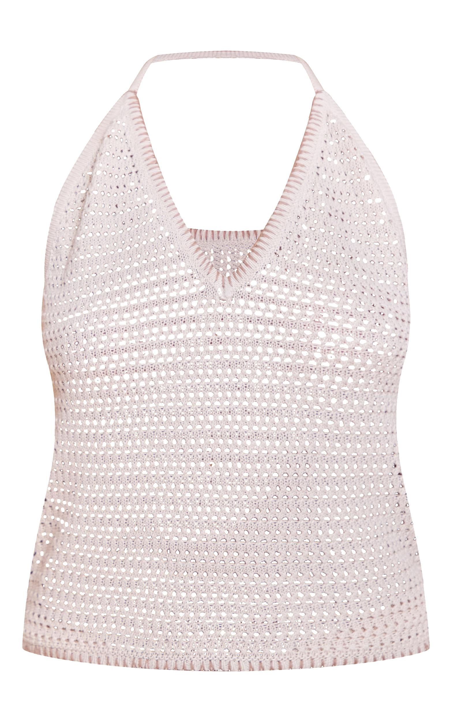 Oatmeal Contrast Stitch Crochet Halter Neck Top Beige Product Image