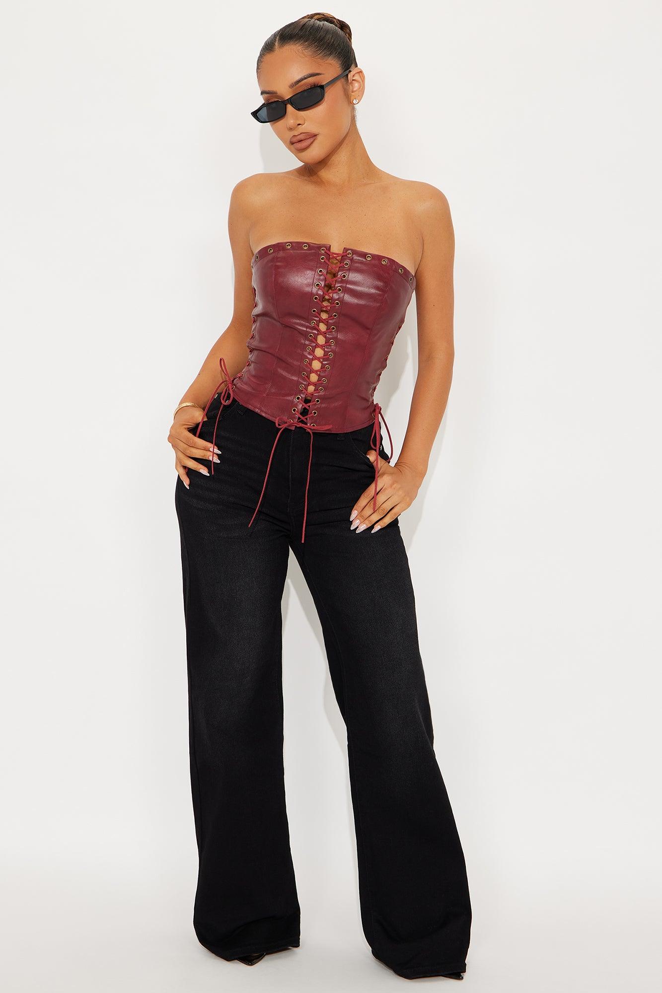 A Piece Of Work Faux Leather Lace Up Top - Burgundy Female Product Image