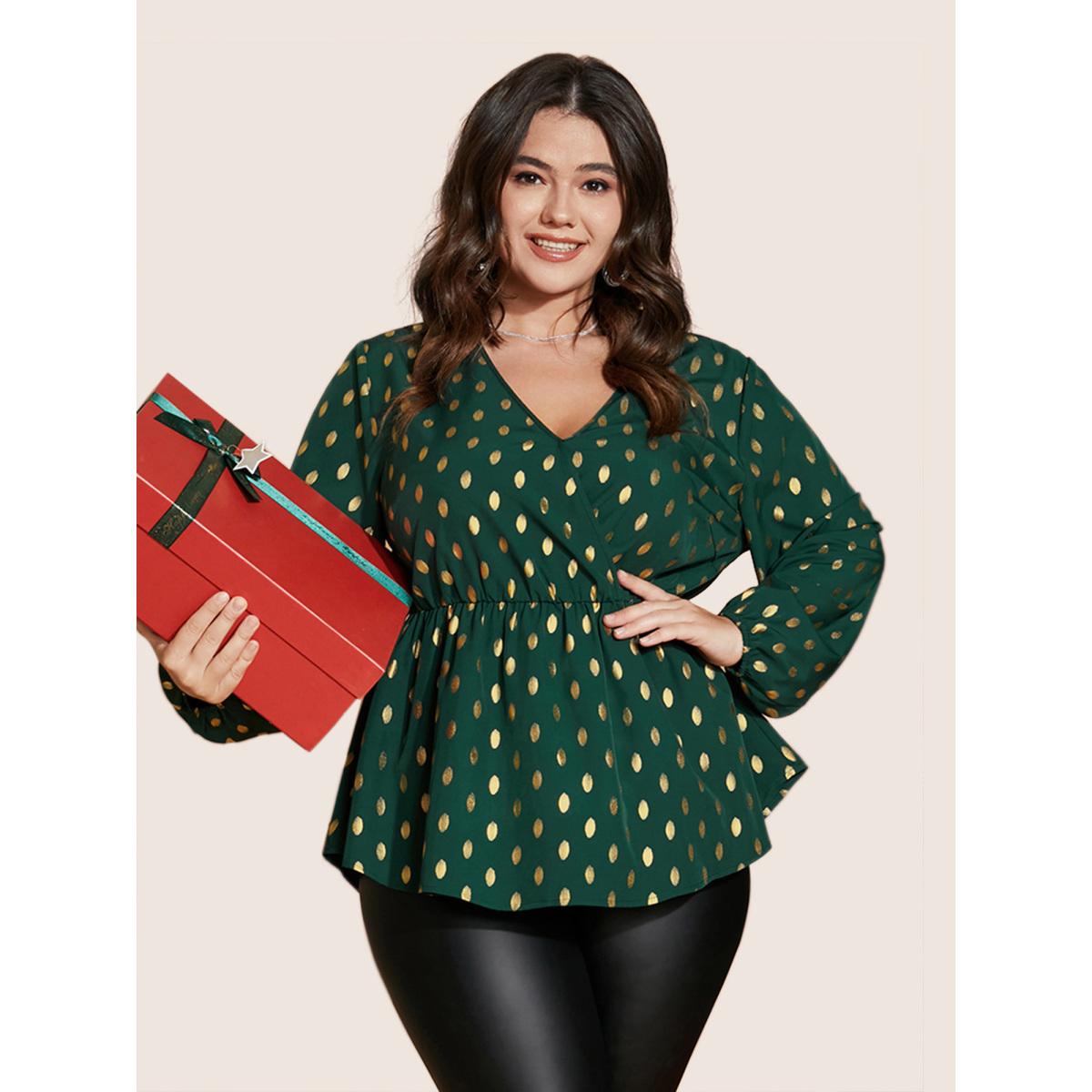Polka Dot High Elastic Waist Plus Size Women Blouses Going out Lantern Sleeve Long Sleeve V Neck Party Blouses BloomChic Product Image