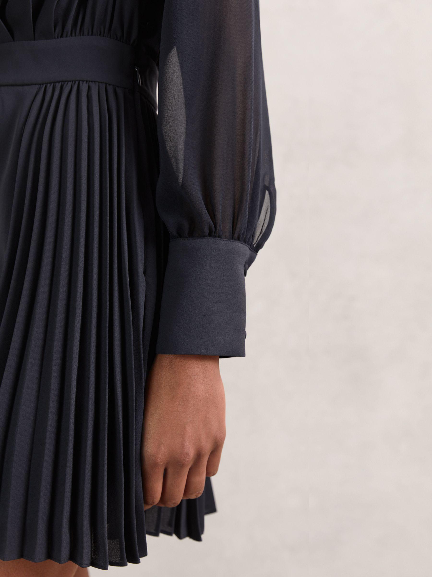 Pleated Sheer-Sleeve Mini Dress in Navy Product Image