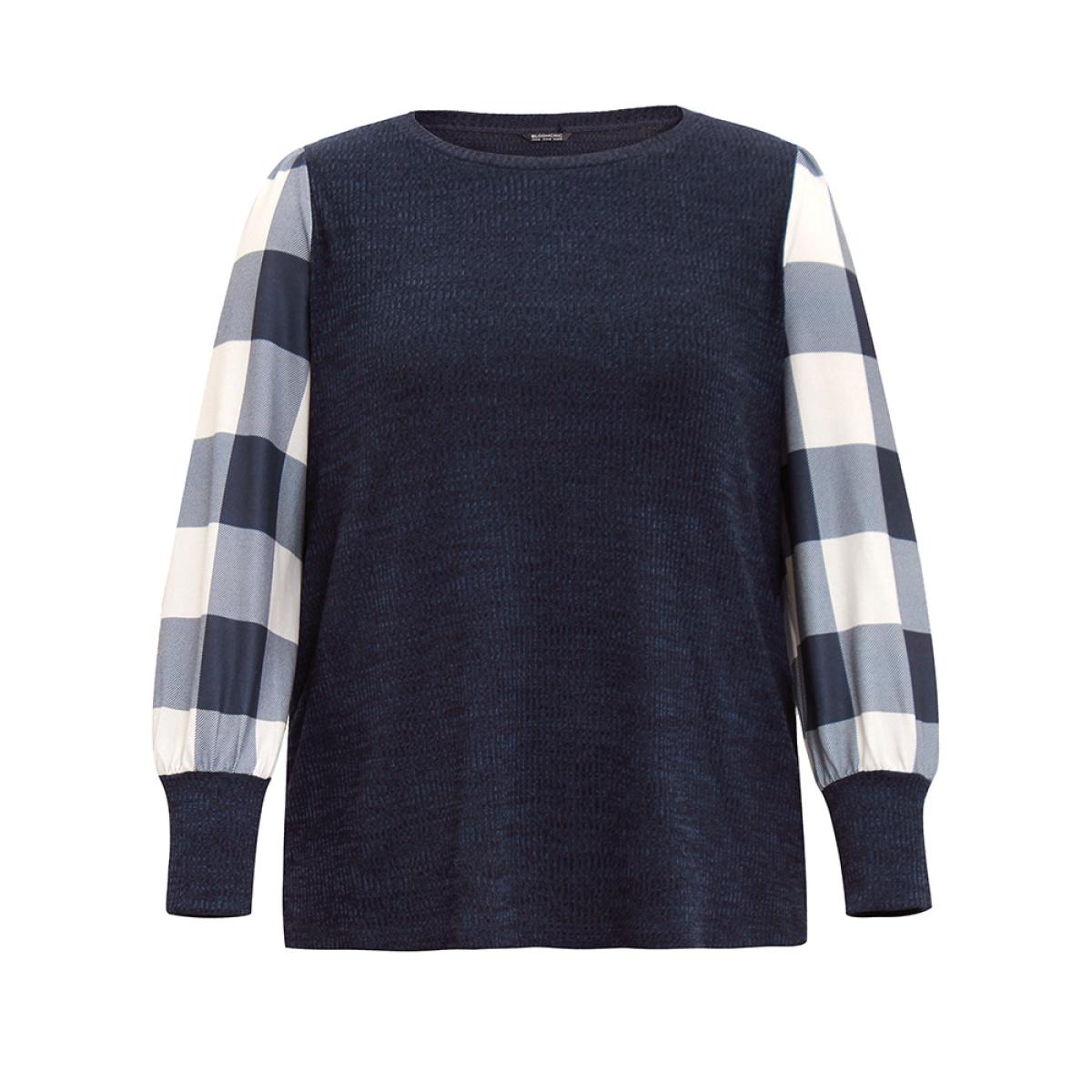 Plus Size Rib Knit Plaid Patchwork Plisse Sweatshirt Women Indigo Casual Heather Round Neck Dailywear Sweatshirts BloomChic 30/6X Product Image