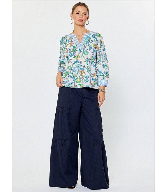 Current Air Poplin Elastic Waist Tiered Wide Leg Pants Product Image