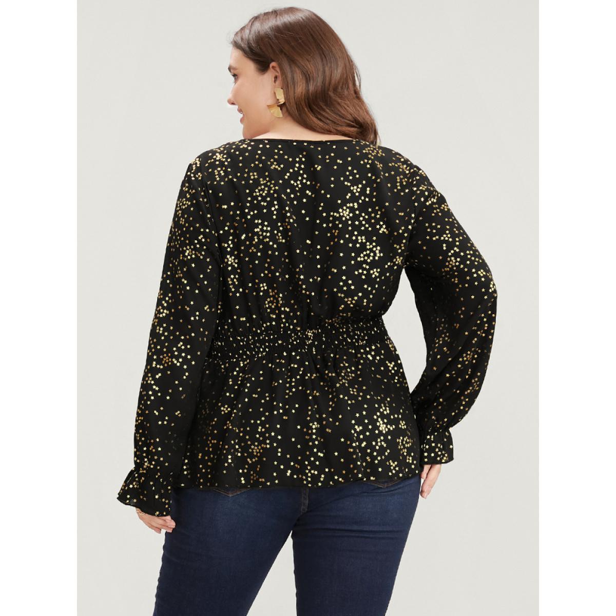 Plus Size Black Star Print Lantern Sleeve Asymmetrical Ruffles Hem Wrap Blouse Women Party Long Sleeve V-neck Going out Blouses BloomChic 22-24/3X Product Image