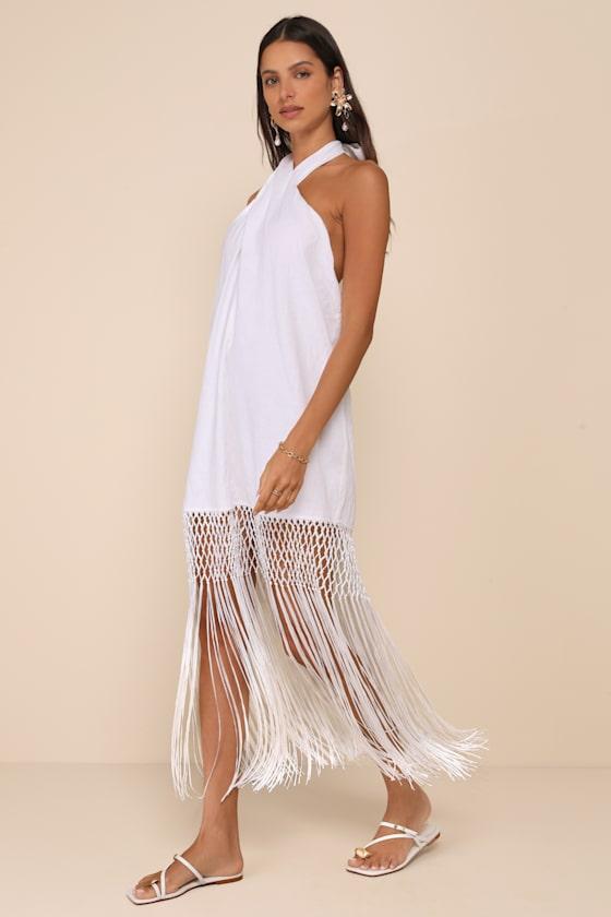 Perfect Sunshine White Linen Fringe Halter Maxi Dress Product Image