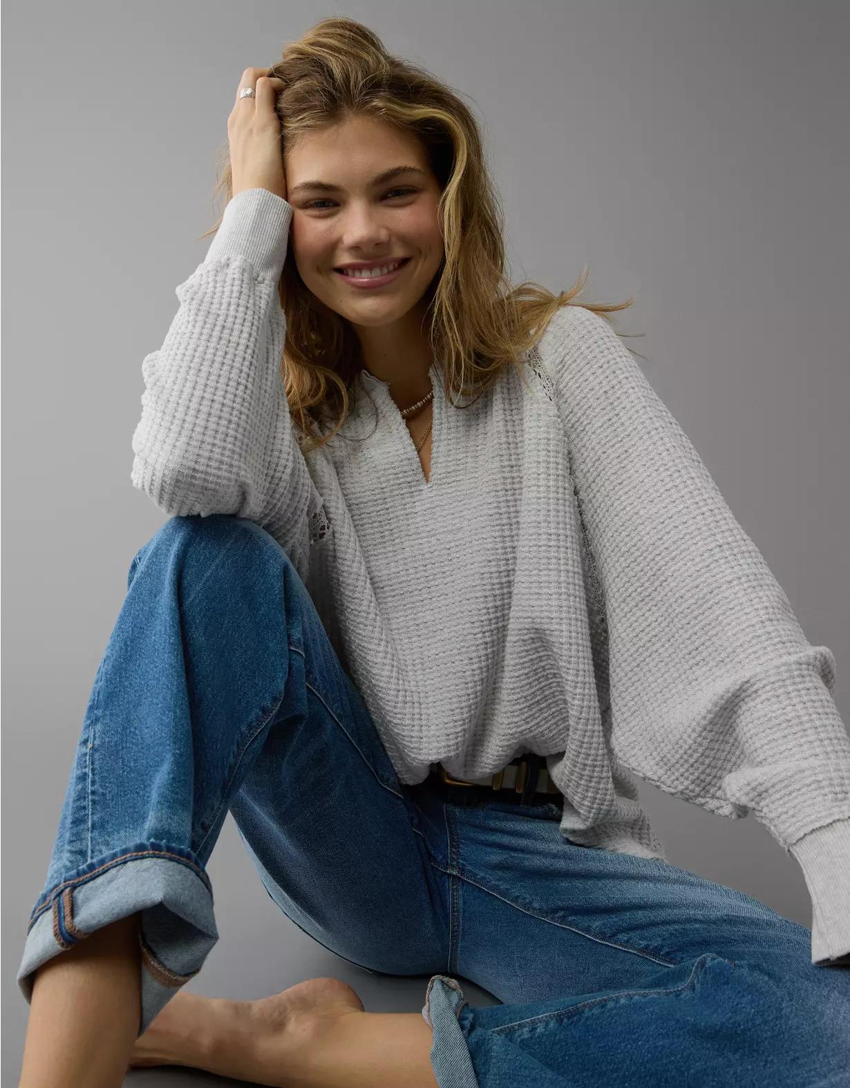 AE Big Hug Notch Neck Waffle Sweatshirt Product Image