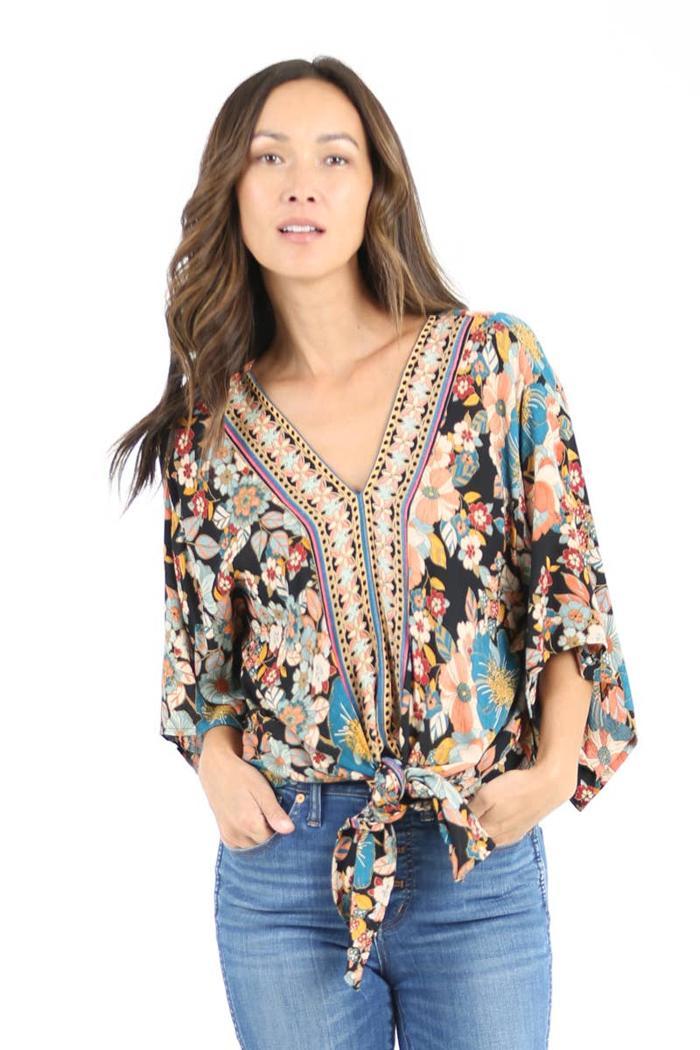 V Neck Tie Waist Kimono Sleeve Blouse Product Image