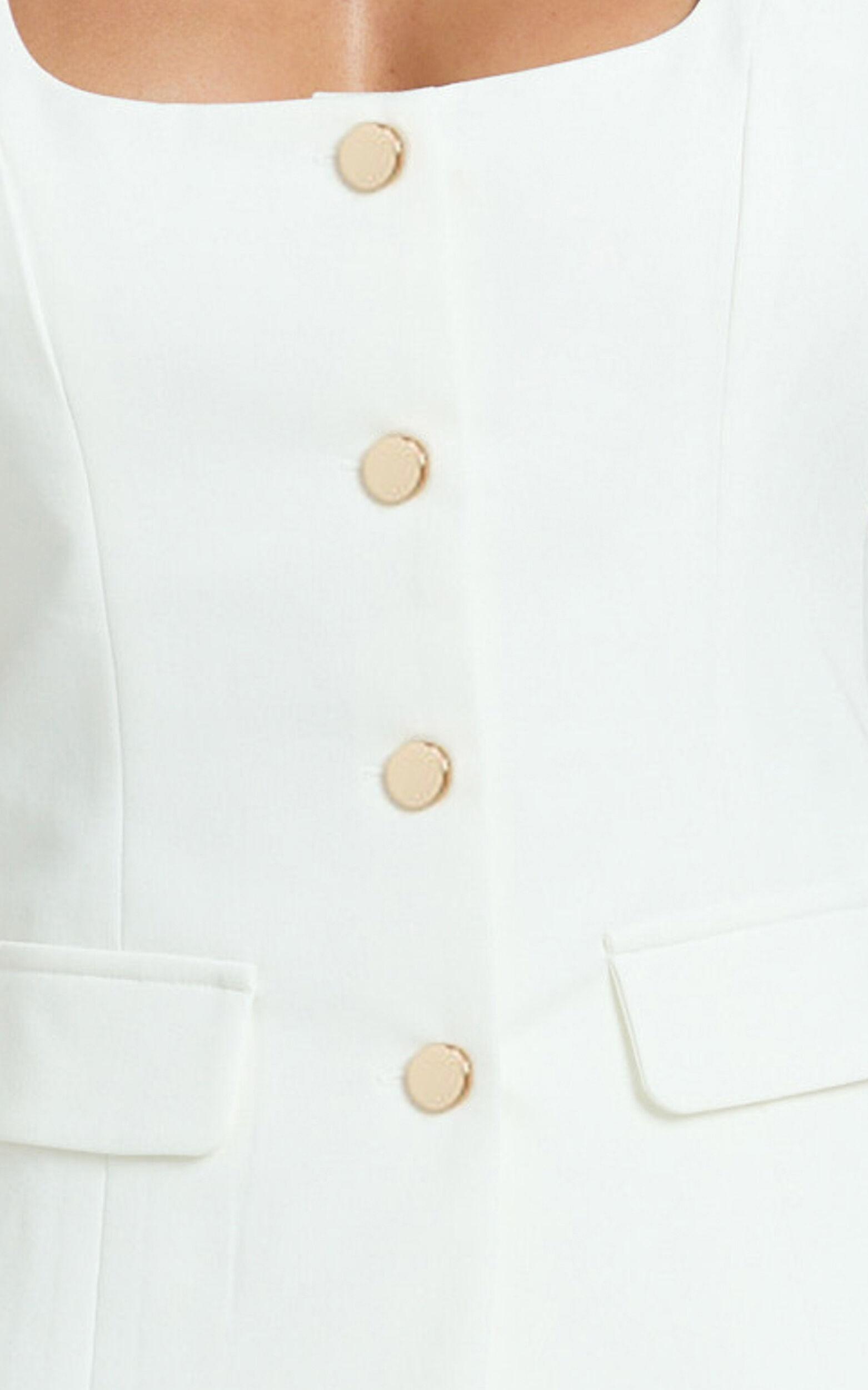 Phyllis Two Piece Set - Tailored Scoop Neck Vest Top and A Line Mini Skirt Set with Gold Buttons in White Product Image