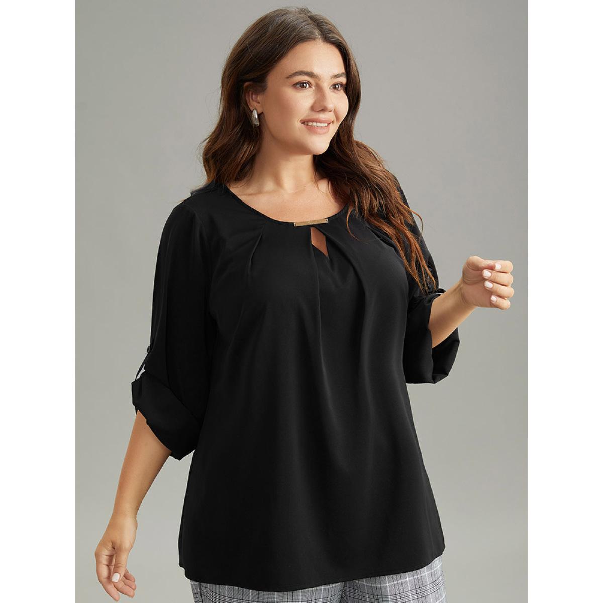 Plus Size Black Anti-Wrinkle Buckle Detail Keyhole Tab Sleeve Blouse Women Office Long Sleeve Round Neck Work Blouses BloomChic 10/M Product Image