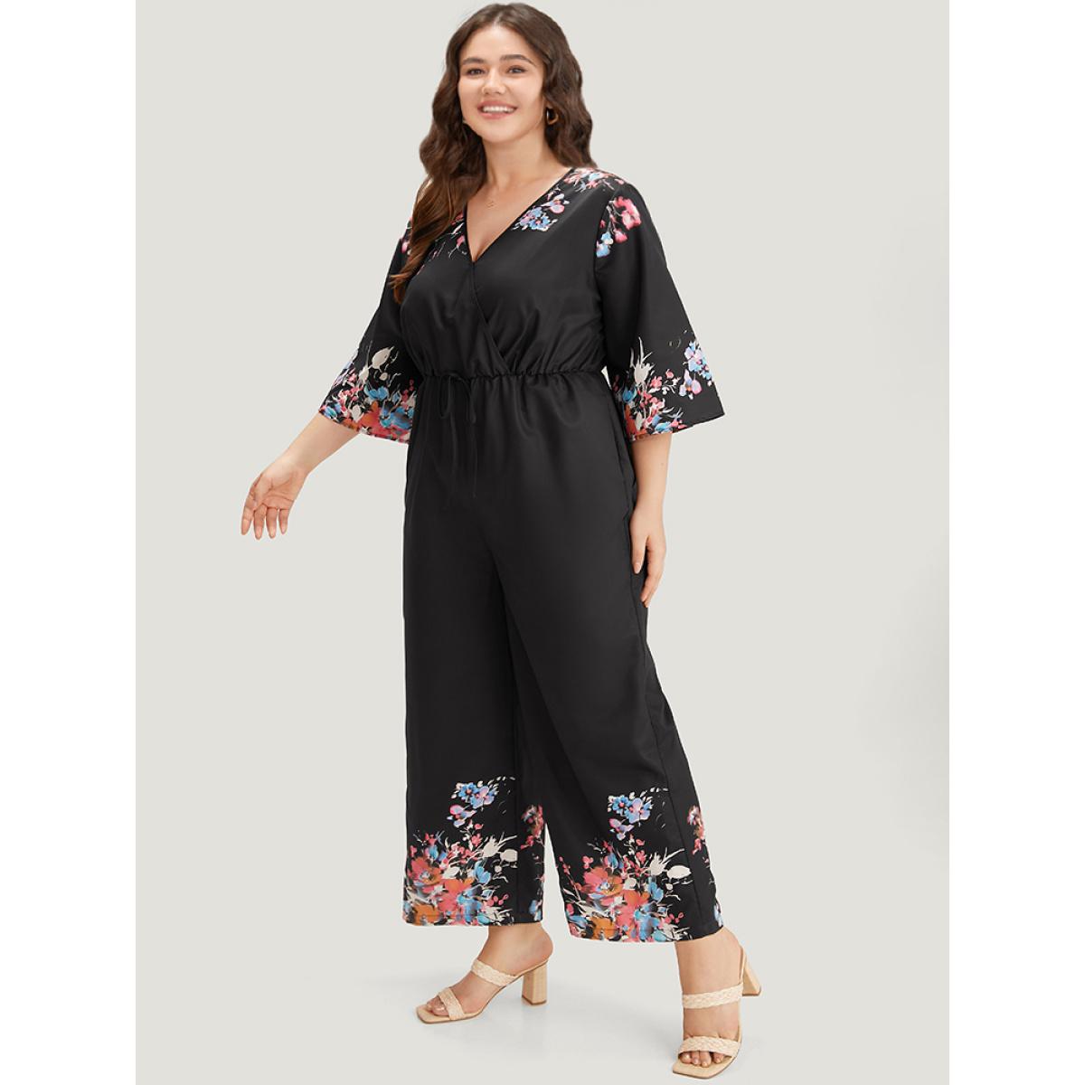 Plus Size Black Boho Print Drawstring Pocket Flutter Sleeve Jumpsuit Women Elegant Elbow-length sleeve V-neck Everyday Loose Jumpsuits BloomChic 10/M Product Image