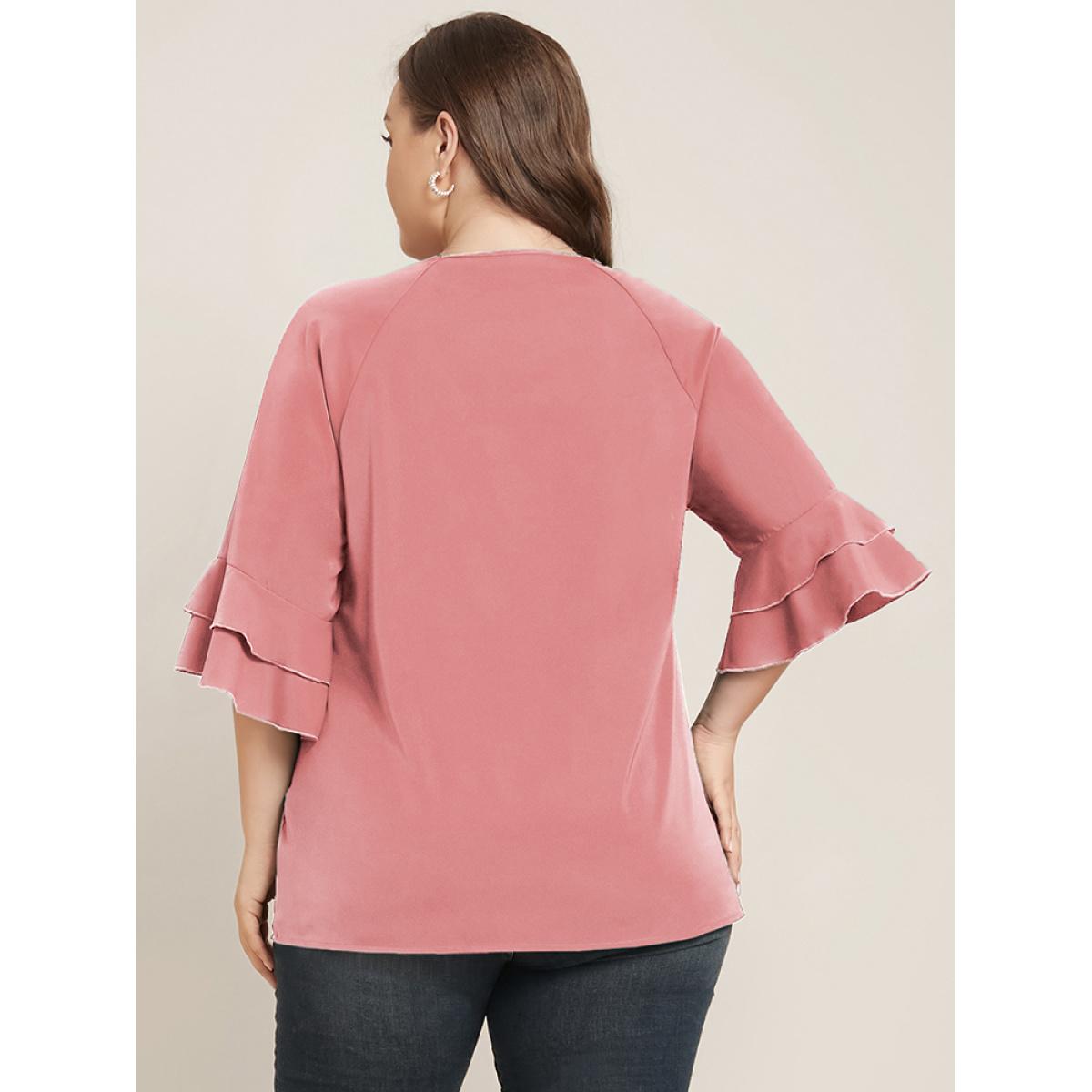 Plus Size DustyPink Plain Ruffle Tiered Round Neck Blouse Women Work From Home Elbow-length sleeve Round Neck Work Blouses BloomChic 30/6X Product Image