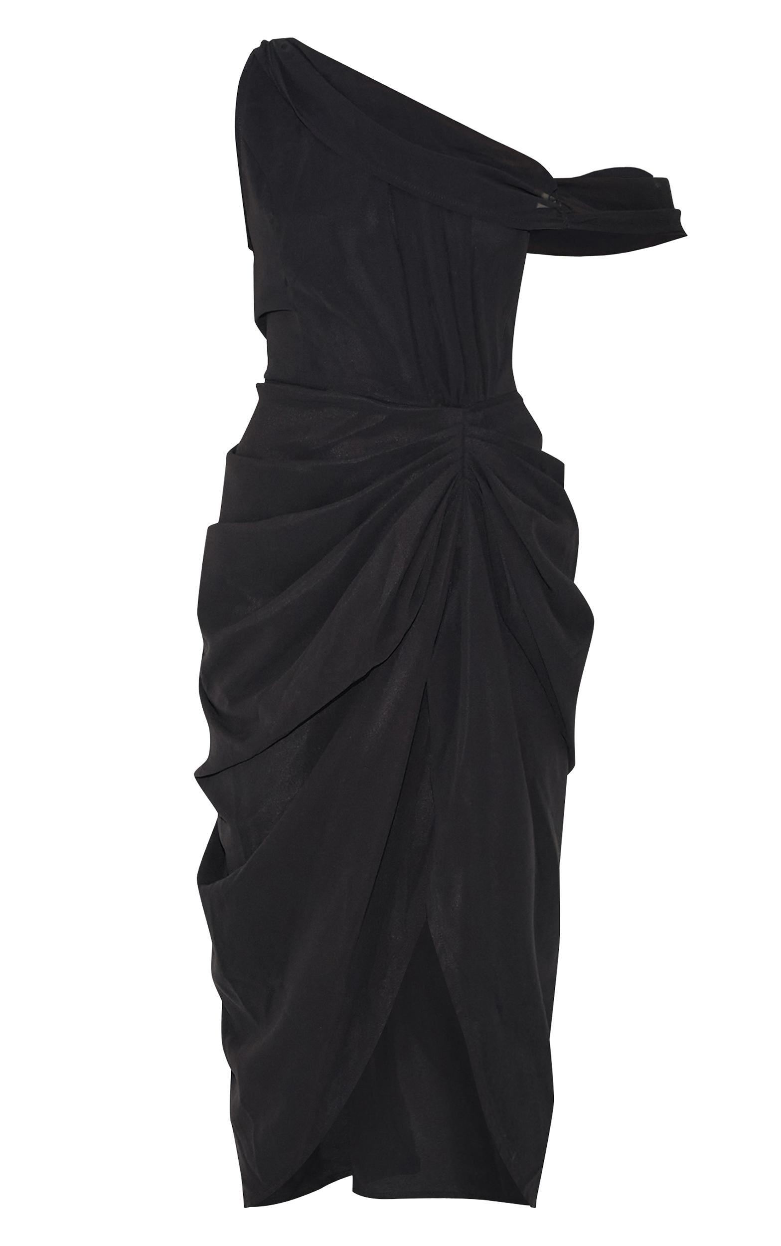 Black Chiffon Asymmetric Strap Draped Midi Dress Product Image