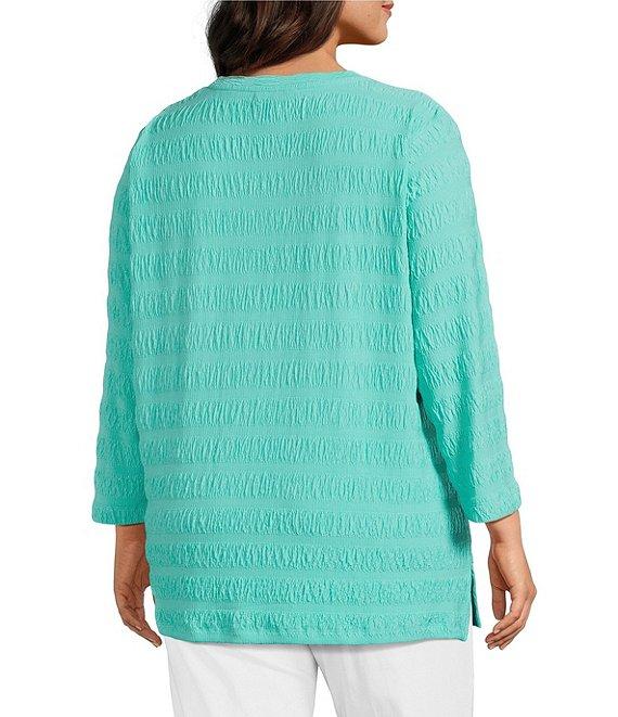 Multiples Plus Size Pucker Double Knit Jacquard Scoop Neck 3/4 Sleeve Pullover Knit Top Product Image