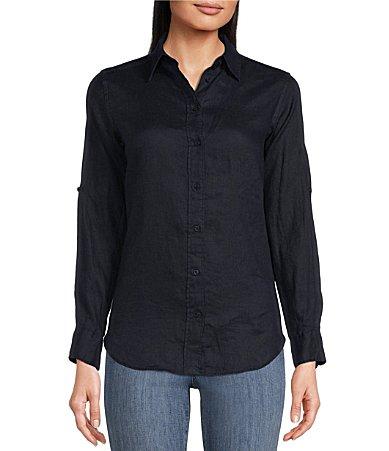 Lauren Ralph Lauren Point Collar Long Roll-Tab Sleeve Button Front Linen Shirt Product Image