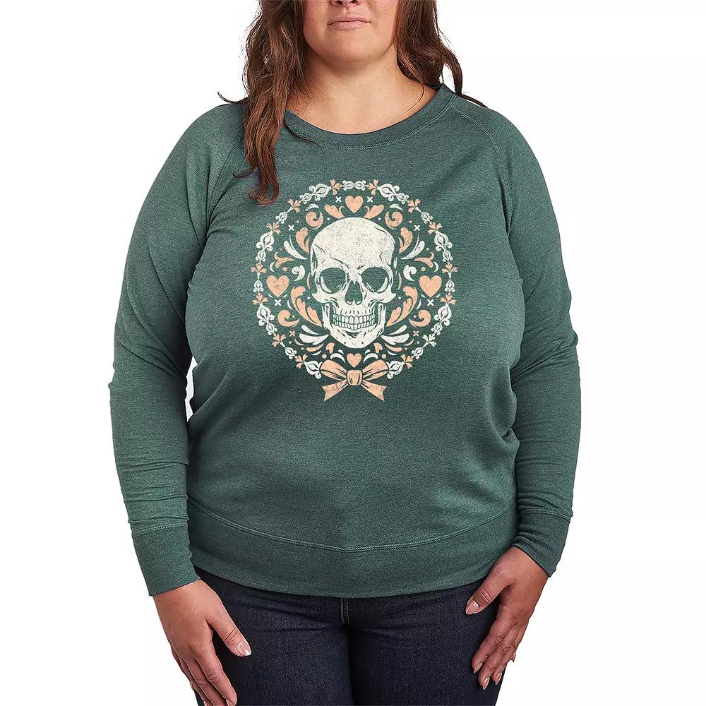 Plus Size Coquette Skull French Terry Long Sleeve Tee, Women's, Size: 2XL, Grey Green Product Image