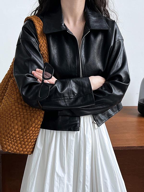 Long Sleeves Loose Solid Color Zipper Lapel Collar Jackets&Coats Outerwear Product Image