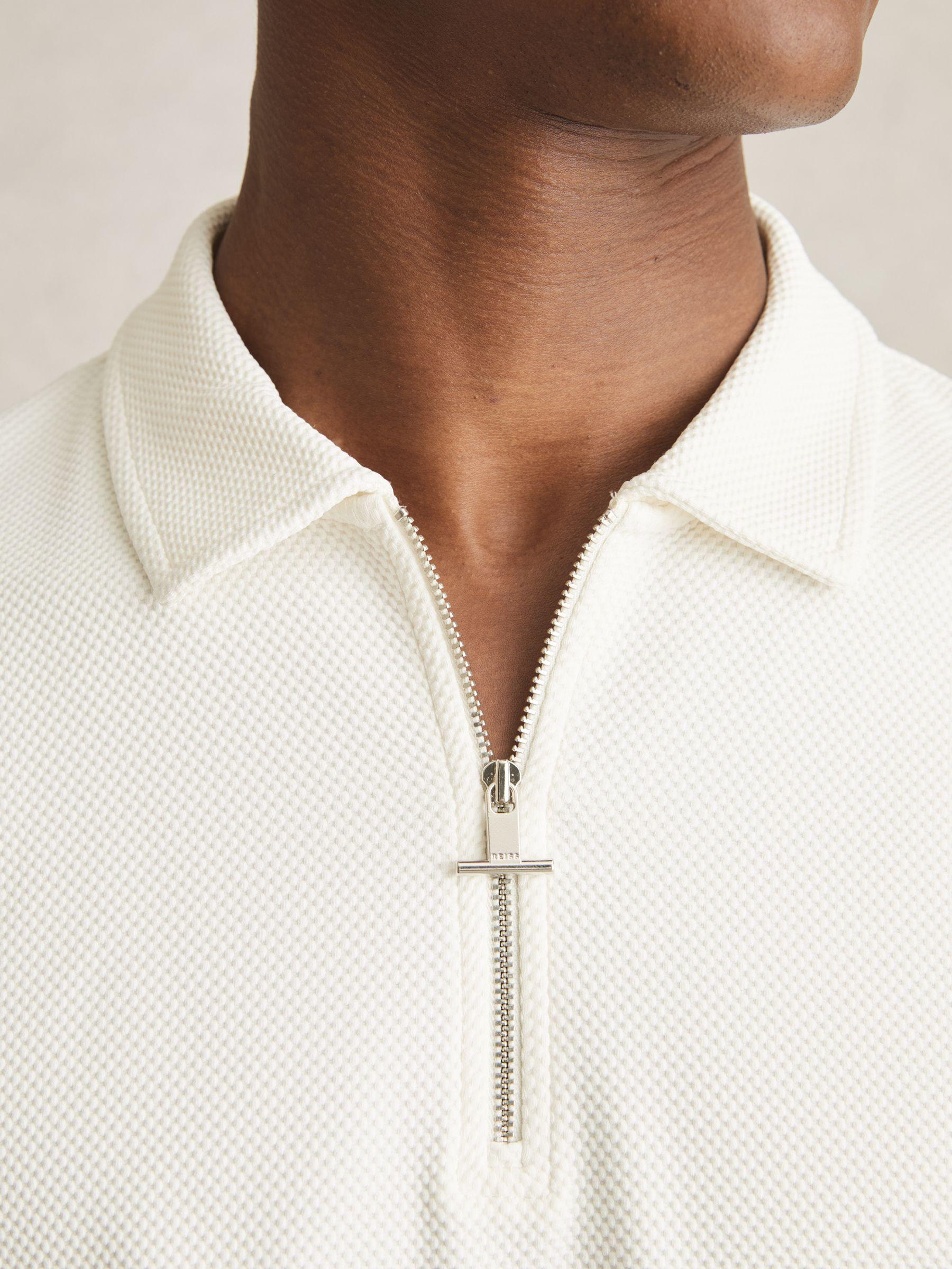 Textured Contrast Trim Half-Zip Polo Shirt in Off White Product Image