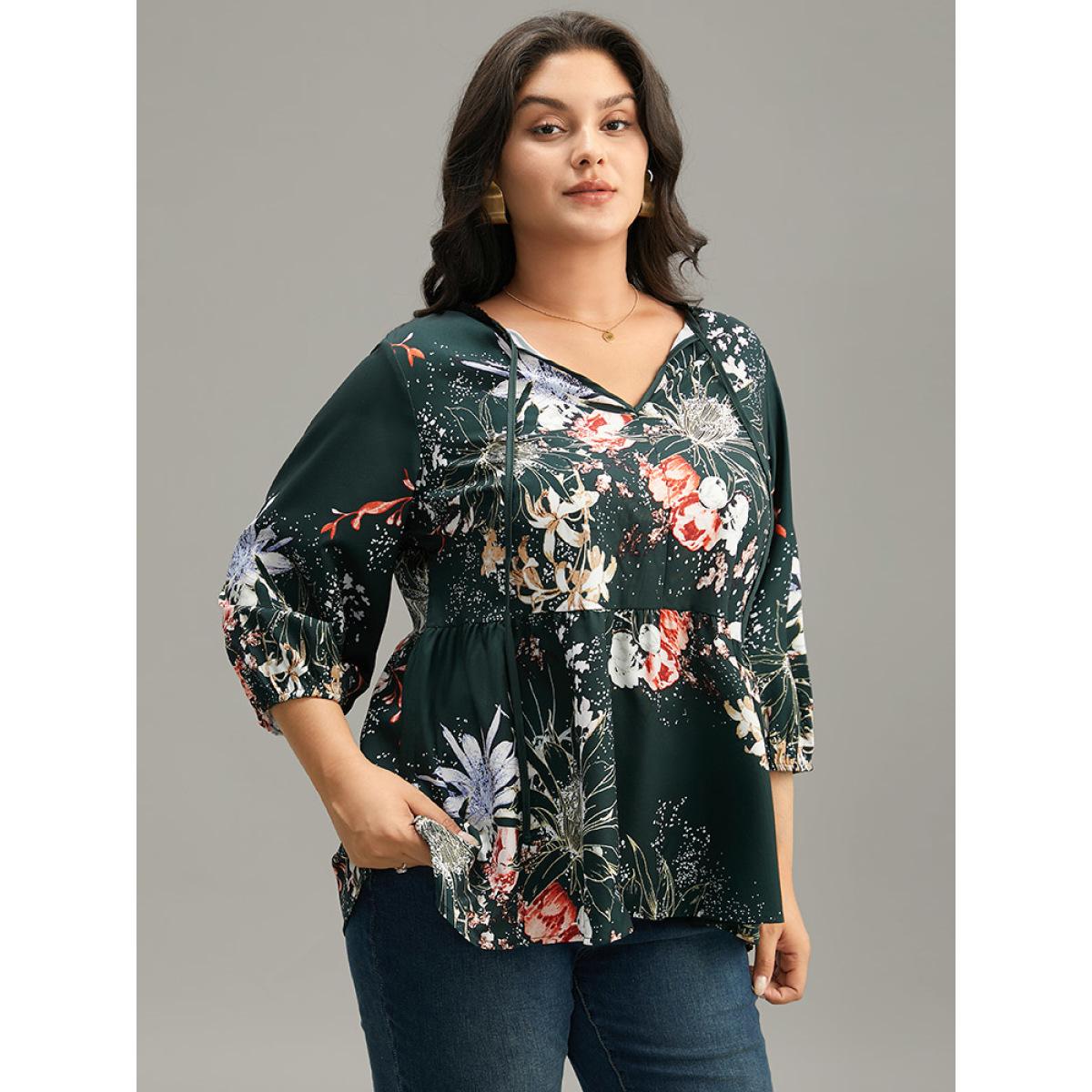 Plus Size DarkGreen Floral Print Knot Neck Pompom Trim Gathered Blouse Women Elegant Elbow-length sleeve Tie Neck Everyday Blouses BloomChic 12/L Product Image