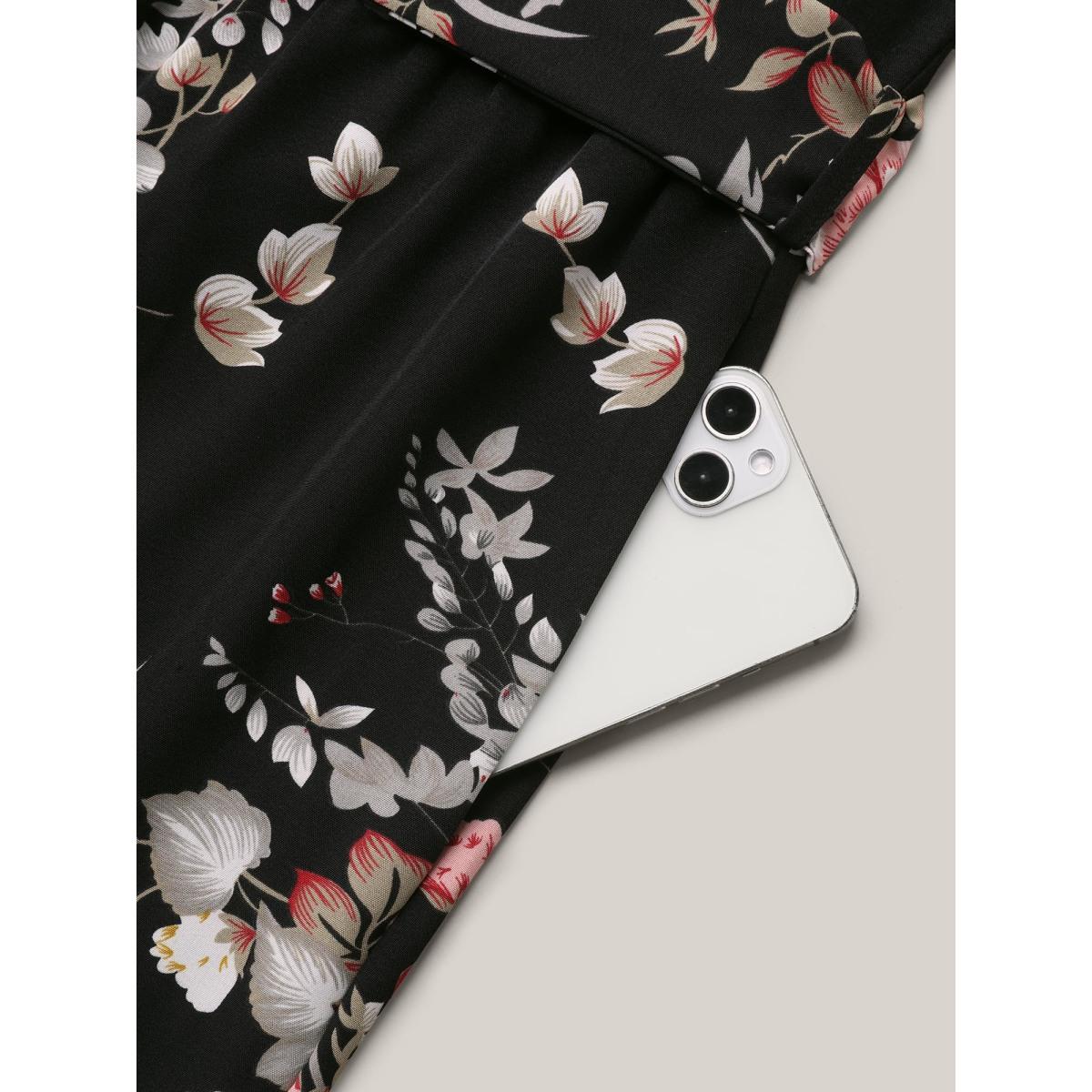 Plus Size Black Color Contrast Belted Panel Pockets Jumpsuit Women Timeless Short sleeve Square Neck Elegant Loose Jumpsuits BloomChic 28/5X Product Image