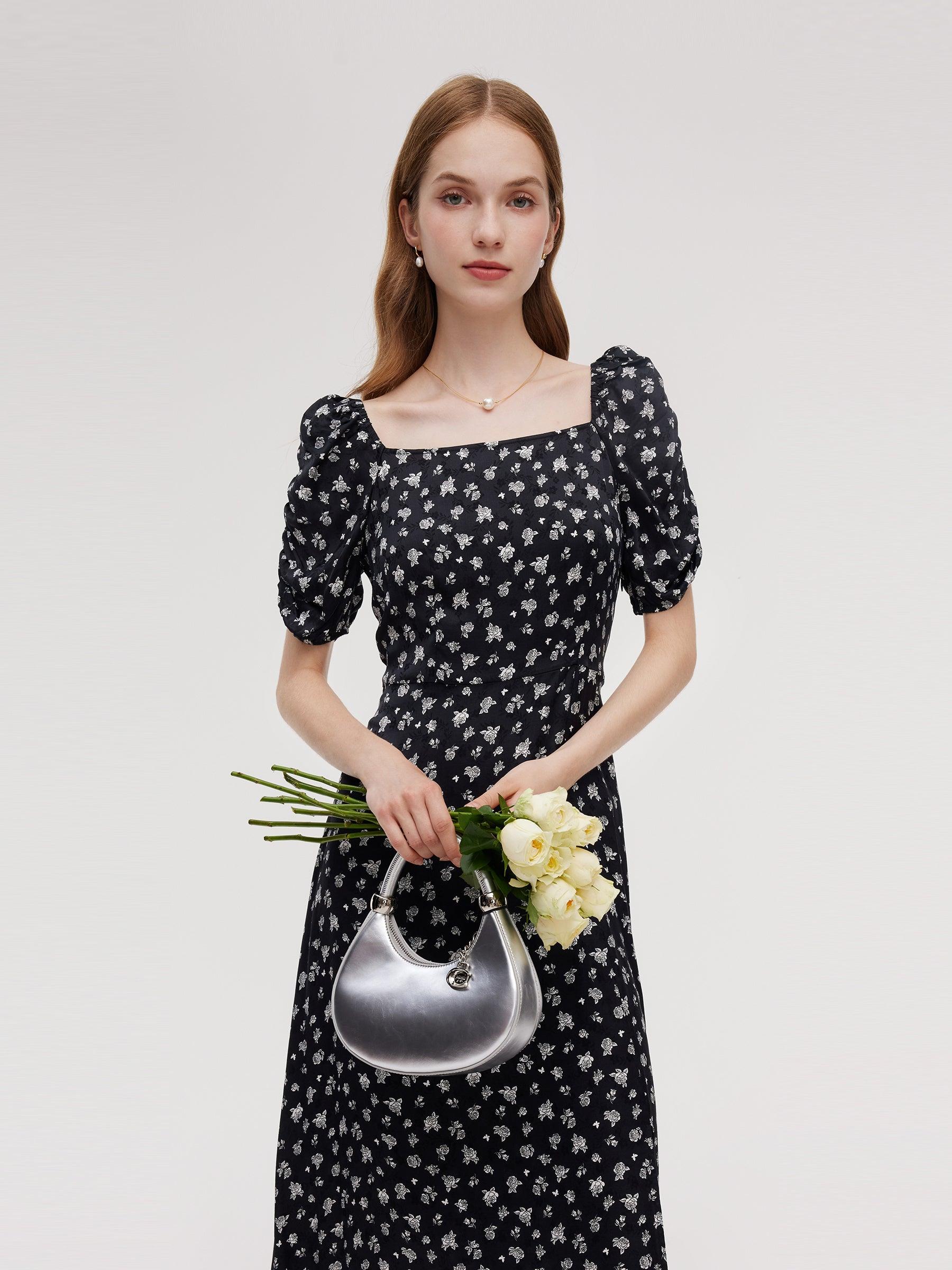 Floral Print Square Neck Women Side Slit Maxi Dress Product Image