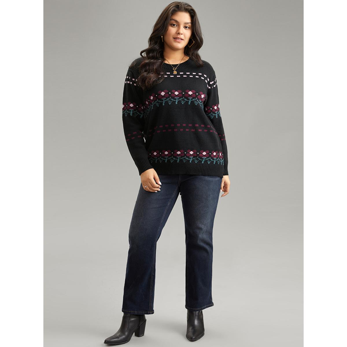 Plus Size Supersoft Essentials Floral Jacquard Split Side Pullover Black Women Casual Loose Long Sleeve Round Neck Dailywear Pullovers BloomChic 18-20/2X Product Image