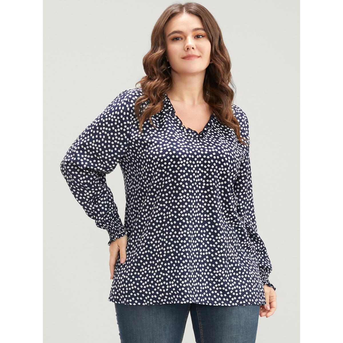 Plus Size Indigo Ditsy Floral V Neck Shirred Lantern Sleeve Blouse Women Elegant Long Sleeve V-neck Dailywear Blouses BloomChic 10/M Product Image