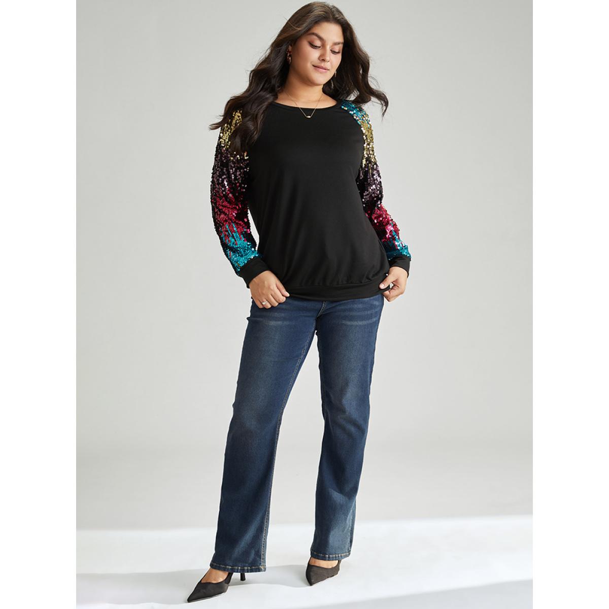 Plus Size Rainbow Sequin Patchwork Raglan Sleeve Sweatshirt Women Black Cocktail Sequin Round Neck Party Sweatshirts BloomChic 22-24/3X Product Image