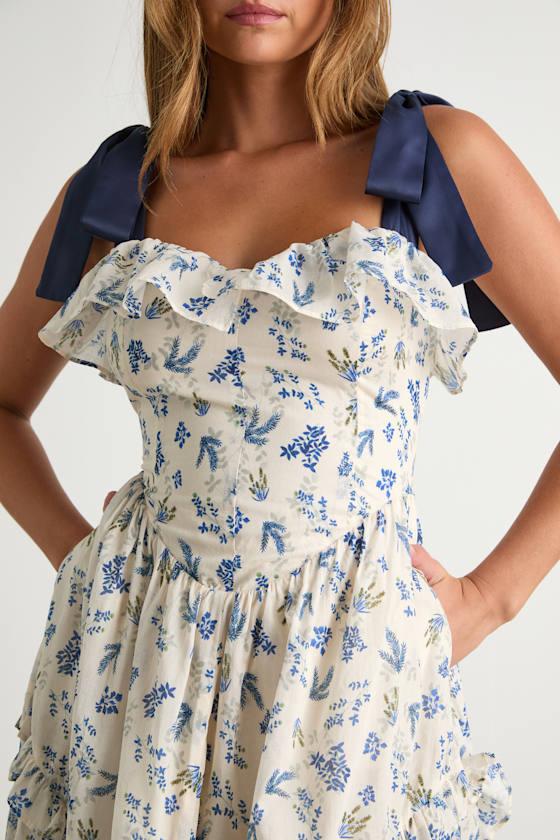 Candice Ivory Floral Ruffled Tie-Strap Midi Dress Product Image