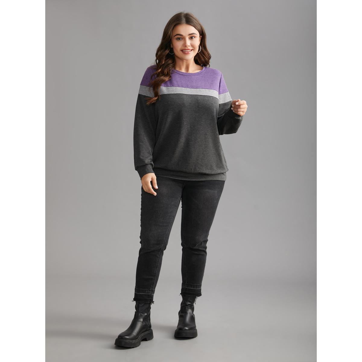 Plus Size Colorblock Contrast Round Neck Sweatshirt Women DimGray Casual Contrast Loose Round Neck Everyday Sweatshirts BloomChic 18-20/2X Product Image