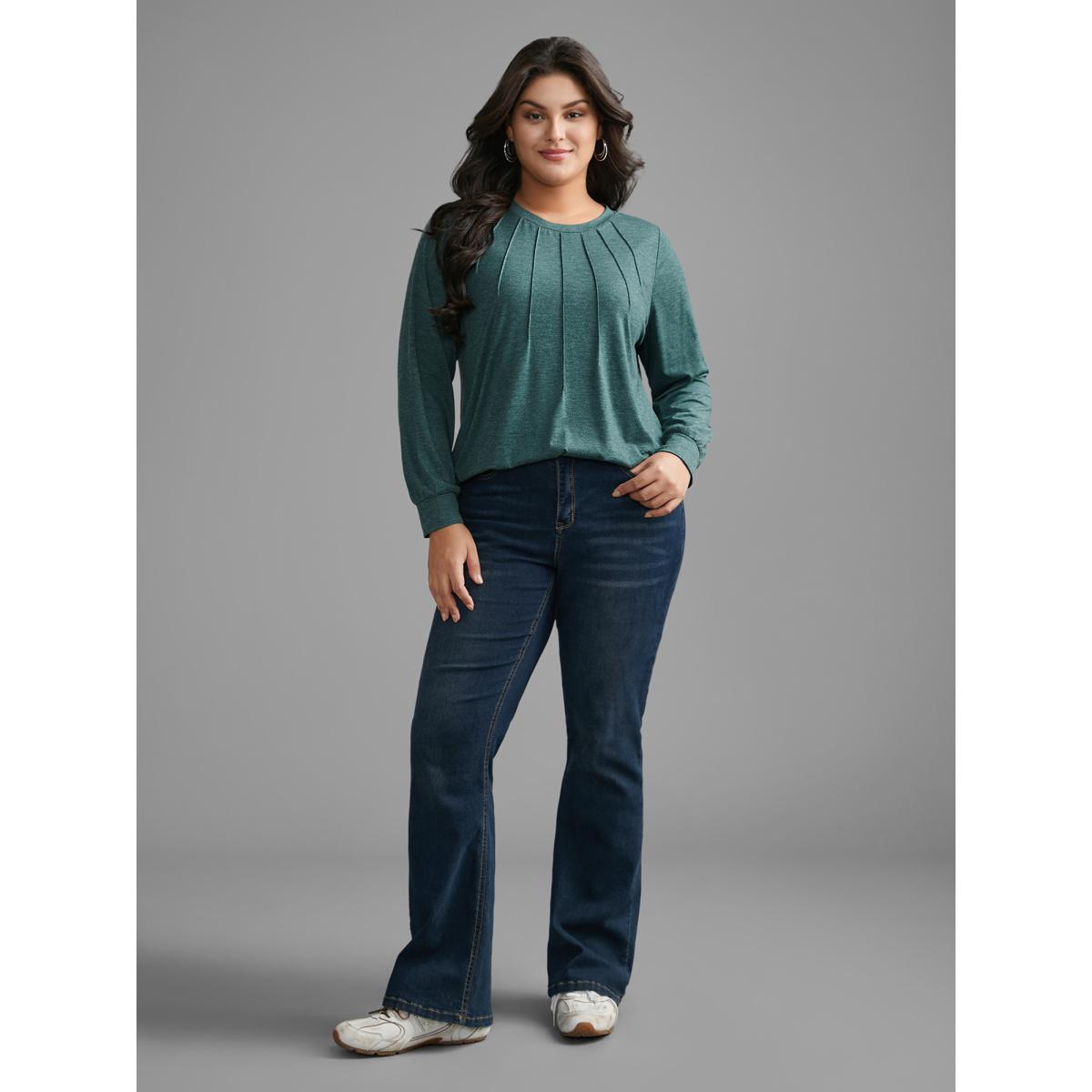 Plus Size Solid Heather Round Neck Pleated T-shirt DarkGreen Women Casual Pleated Round Neck Everyday T-shirts BloomChic 28/5X Product Image