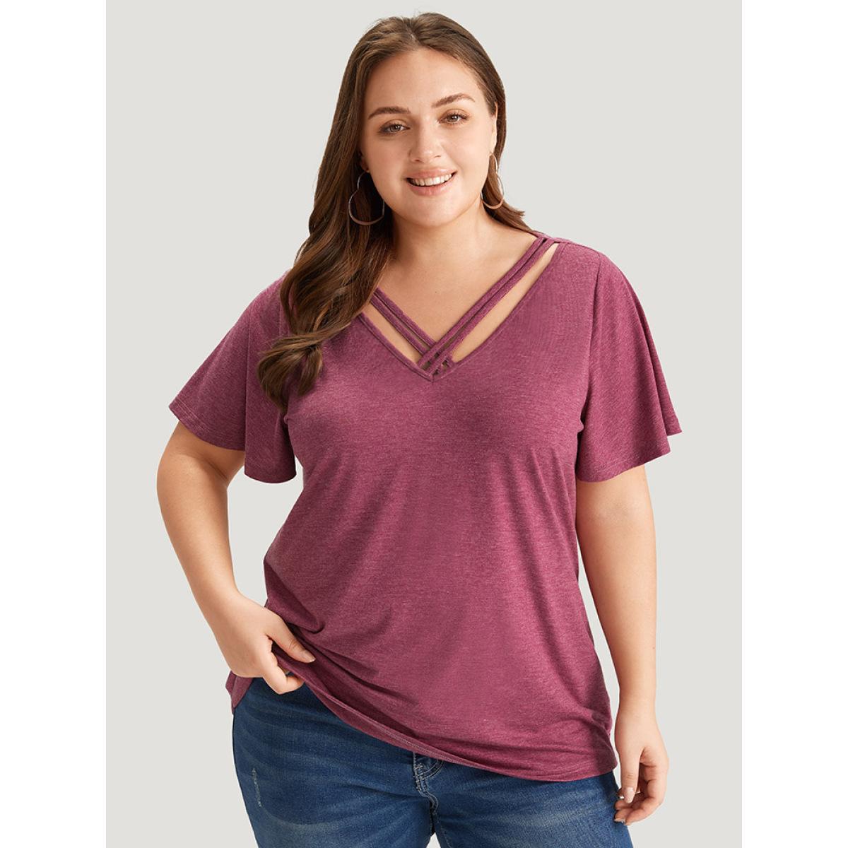 Plus Size Plain Ruffle Sleeve Heather Crisscross Neck T-shirt RedViolet Women Casual Heather Plain V-neck Dailywear T-shirts BloomChic 26/4X Product Image