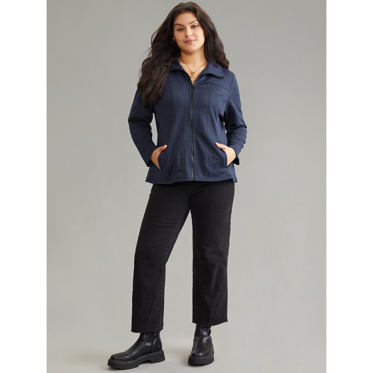 Plus Size Solid Jacquard Zipper Texture Jacket Women Indigo Texture Pocket Dailywear Jackets BloomChic 18-20/2X Product Image