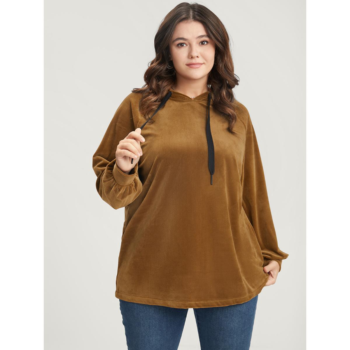 Plus Size Solid Corduroy Drawstring Hooded Sweatshirt Women DarkBrown Casual Drawstring Hooded Dailywear Sweatshirts BloomChic 12/L Product Image