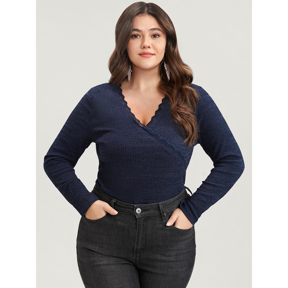 Plus Size Solid Lace Trim Rib Knit Surplice Neck Long Tee Indigo Women Elegant Wrap Plain V-neck Bodycon Dailywear T-shirts BloomChic 30/6X Product Image