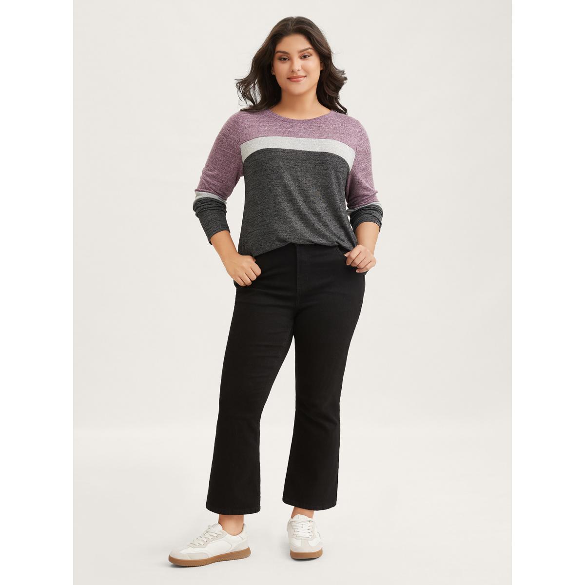 Plus Size Heather Colorblock Contrast Crew Neck T-shirt Black Women Leisure Texture Plain Round Neck Casual T-shirts BloomChic 12/L Product Image