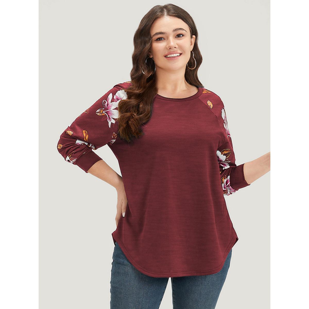 Plus Size Floral Patchwork Crew Neck Raglan Sleeve Sweatshirt Women Burgundy Elegant Elastic cuffs Round Neck Dailywear Sweatshirts BloomChic 30/6X Product Image