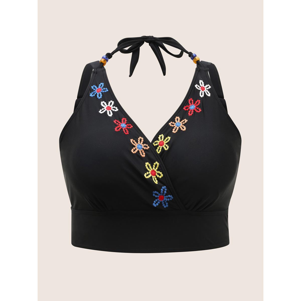 Plus Size Overlap Collar Floral Embroidered Tie Knot Swim Top Women's Swimwear Black Beach Tie knot High stretch Skinny Overlap Collar Curve Swim Tops BloomChic 18-20/2X Product Image