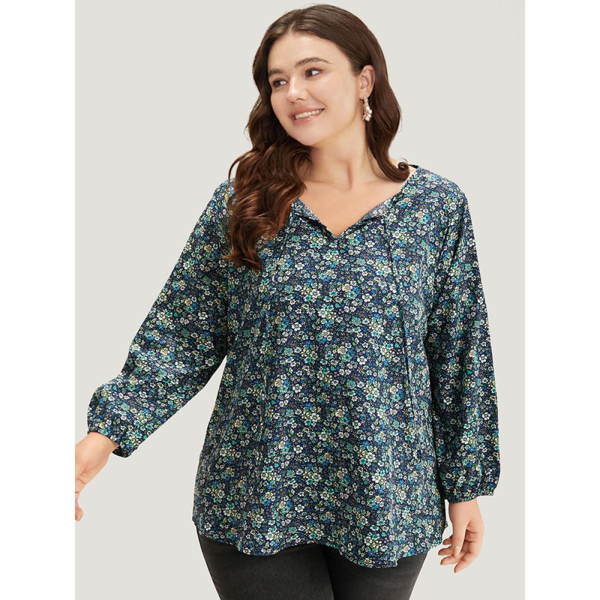 Plus Size Indigo Ditsy Floral Knot Neck Elastic Cuffs Blouse Women Elegant Long Sleeve Tie Neck Everyday Blouses BloomChic 14-16/1X Product Image
