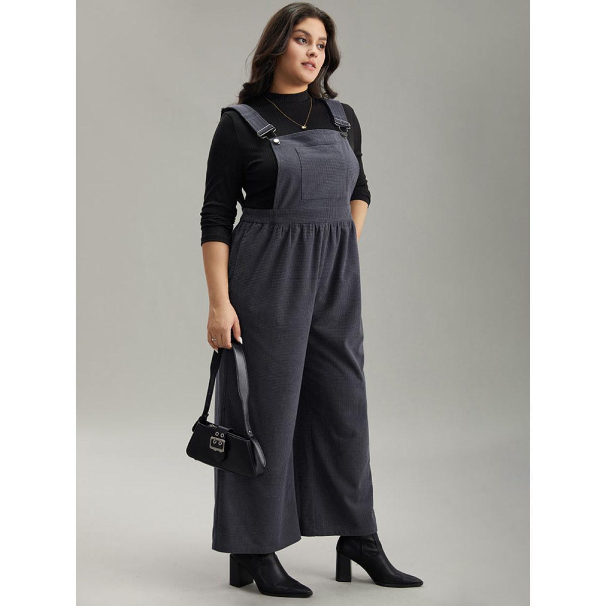 Plus Size Gray Corduroy Adjustable Straps Gathered Pocket Jumpsuit Women Office Sleeveless Spaghetti Strap Work Loose Jumpsuits BloomChic 26/4X Product Image